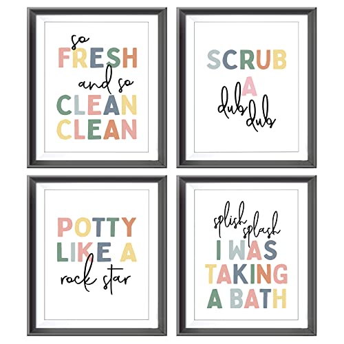 So Fresh and Clean Colorful Bathroom Art Poster Prints for Home Kid Washroom Restroom Nursery Toilet Laundry DecorFunny Bathroom Rules Word Art Decorations Prints Wall Art Unframed 4pcs 8x10inches 0 belly baby and beyond