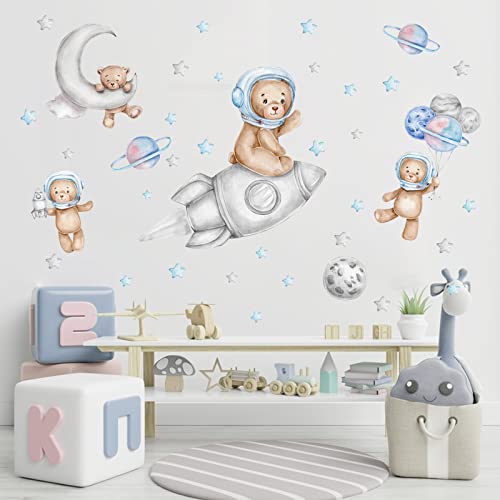 Space Tedy Bear Astronauts Wall Decals for Kids Baby Room Decor Rocket Spaceship Moon Balloon Stars Baby Nursery Decor Baby Shower Room Interior Kid Bedroom Playroom Wall Stickers Space 0 belly baby and beyond