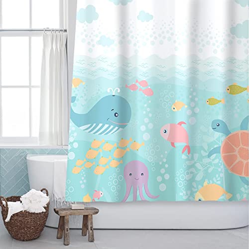 Sunlit Lovely Cartoon Baby Shower Curtain Sea Creatures Light Blue Fabric Shower Curtain for Kids Whale Turtle and Fish Ocean Theme Bathroom Decor Curtain for Children Girls and Boys 0 belly baby and beyond