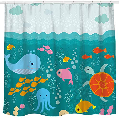 Sunlit Lovely Cartoon Sea Creatures Fabric Shower Curtain for Kids Whale Turtle and Fish Bathroom Decor Curtain for Girls and Boys 0 belly baby and beyond