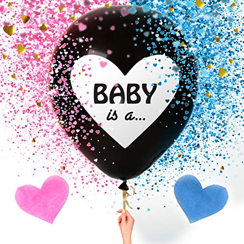 Sweet Baby Co Jumbo 36 Inch Baby Gender Reveal Balloon Big Black Balloons with Pink and Blue Heart Shape Confetti Packs for Boy or Girl Baby Shower Gender Reveal Party Supplies Decoration Kit 0 belly baby and beyond