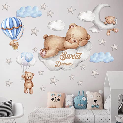 Tedy Bear Sleeping on The Moon and Stars Wall Stickers for Kids Baby Room Decor Sweet Dream Moon Hot Air Star Baby Nursery Decor Baby Shower Room Interior Decor Kid Bedroom Playroom Wall Decals Blue 0 belly baby and beyond