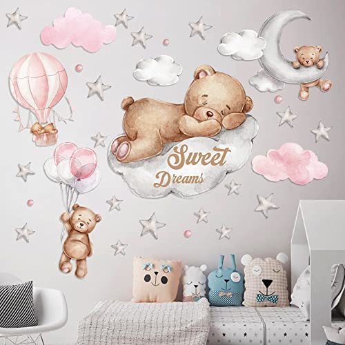 Tedy Bear Sleeping on The Moon and Stars Wall Stickers for Kids Baby Room Decor Sweet Dream Moon Hot Air Star Baby Nursery Decor Baby Shower Room Interior Decor Kid Bedroom Playroom Wall Decals Pink 0 belly baby and beyond
