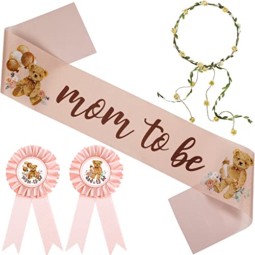 Tiamon Bear Theme Mom to Be Sash Baby Shower Dad to Be Pin and Flower Crown Headband for Gender Reveals Party Baby Shower Party Favors Decorations for Boys and Girls Pregnancy Props Keepsake Brown 0 belly baby and beyond