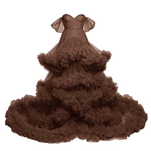 Tianzhihe Flare Ruffles Tulle Robe Maternity Gown for Photo Shoot Long Sheer Off Shoulder Womens Dressing Gown 0 belly baby and beyond