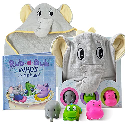 Tickle Main Rub a Dub Gift Set 5 Piece Bath Set Includes Elephant Hooded Towel 3 Jungle Safari Squirt Toys and Book for Boys and Girls 0 belly baby and beyond