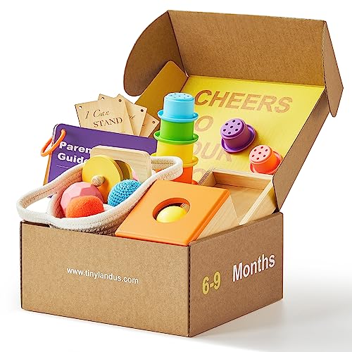 Tiny Land 4 in 1 Montessori Toys for Babies 6 9 Months Wooden Learning Educational Toy Set Includes Object Permanence Box Sensory Ball Treasure Basket Stacking Cups Mirror Puzzle 0 belly baby and beyond