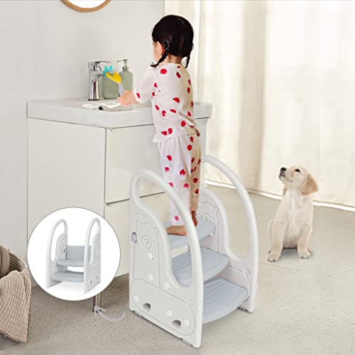 Toddler 3 Step Stool Onasti Kids Standing Tower for Toddlers Plastic Learning Helper Stool for Kitchen Counter Bathroom Sink Toilet Potty Training with Handles and Non Slip Pads Grey White 0 belly baby and beyond