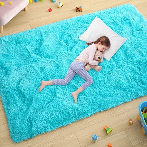 Ultra Soft Fluffy Rugs for Bedroom 4x6 Feet Shag Area Rugs for Living Room Large Comfy Furry Rug for Boys Kids Baby Room Decor Non Slip Nursery Rug Modern Indoor Fuzzy Floor Carpet Teal 0 belly baby and beyond