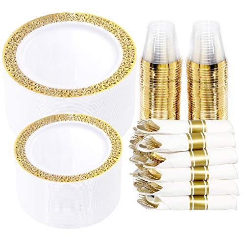 WELLIFE 350 Pieces Gold Plastic DinnerwareDisposable Gold Lace Plates Include50 Dinner Plates50 Dessert Plates 50 Pre Rolled Napkins with Gold Silverware and 50 Cups 0 belly baby and beyond