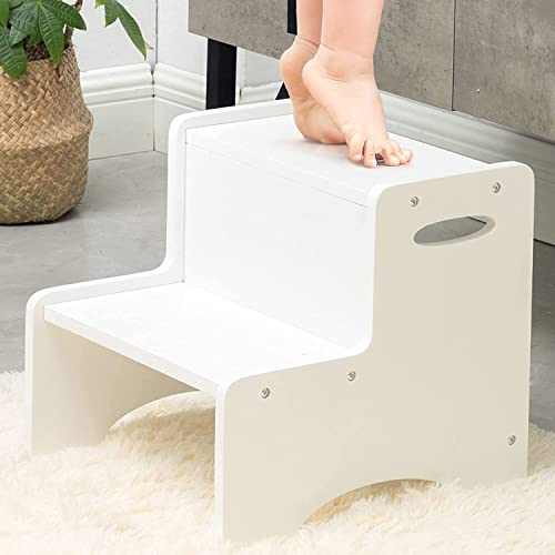 WOOD CITY Wooden Toddler Step Stool for Kids White Two Step Childrens Potty Stool with Handles Bonus Non Slip Pads for Safety Bathroom Kitchen Dual Height 0 belly baby and beyond