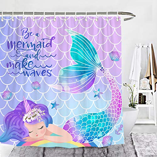Wencal Mermaid Shower Curtain Tail Scales Girls Bathroom Decor with Hooks 72 x 72 Inches 0 belly baby and beyond
