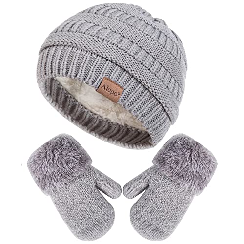 Winter Mittens Gloves Beanie Hat Set for Kids Baby Toddler Children Unisex Cute Thick Warm Knit Fleece Lined Thermal Set for Boys GirlsLight Gray 0 belly baby and beyond