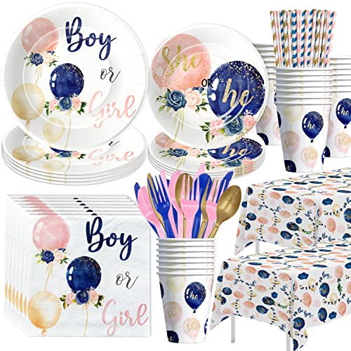Xigejob Gender Reveal Party Decorations Tableware Boy or Girl Gender Reveal Party Supplies Include Plates Cups Napkin Tablecloth Cutlery Straw He Or She Gender Reveal Party Supplies Serve 24 0 belly baby and beyond