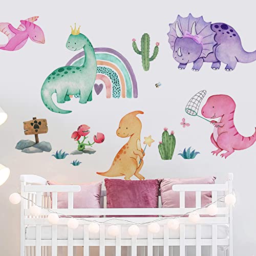 Yovkky Watercolor Girls Dinosaur Wall Decals Stickers Dino Rainbow Cactus Nursery Decor Tropical Plant Home Decorations Kids Bedroom Playroom Toddler Baby Shower Room Art Gift 0 belly baby and beyond