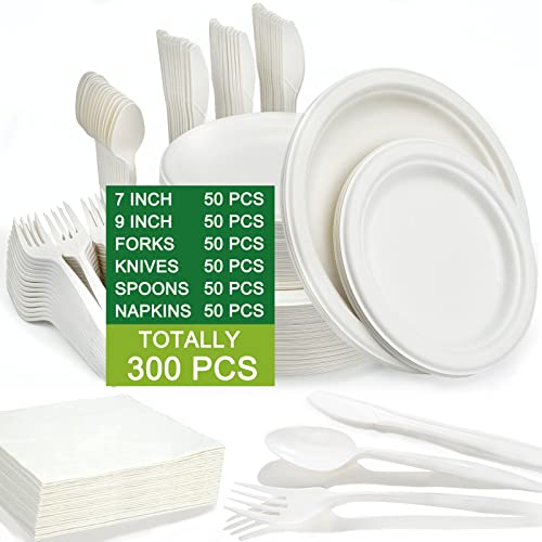 hapray 300PCS Compostable Paper Plates Set Biodegradable Heavy Duty Plates and Utensils Eco Friendly Disposable Cutlery Dinnerware for Party Camping Picnic Made of Plant Fibers 0 belly baby and beyond