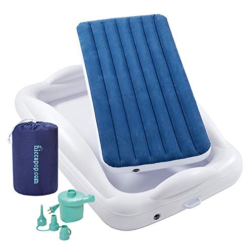 hiccapop Inflatable Toddler Travel Bed with Safety Bumpers 4 Sided Portable Toddler Bed for Kids Toddler Air Mattress Kids Air Mattress Navy Blue 0 belly baby and beyond