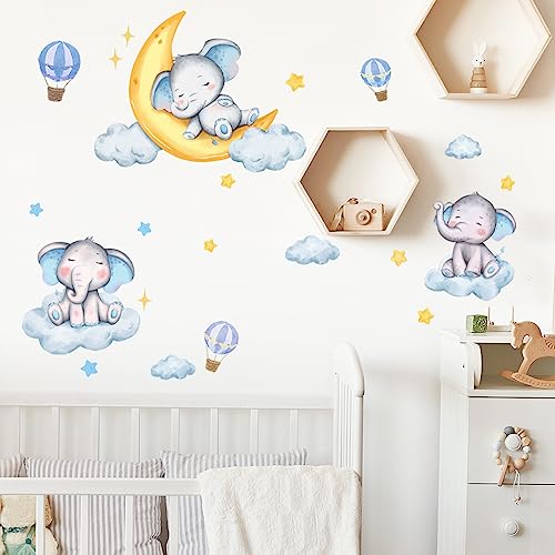 iMagitek Blue Dream Elephant Wall Decor Gold Moon Blue Hot Air Balloon Stars Wall Decals for Baby Nursery Boys Bedroom Wall Decorations 0 belly baby and beyond