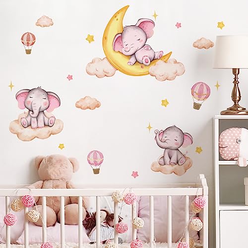iMagitek Pink Dream Elephant Wall Decor Gold Moon Pink Hot Air Balloon Stars Wall Decals for Baby Nursery Girls Bedroom Wall Decorations 0 belly baby and beyond