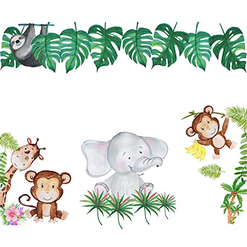 iMagitek Watercolor Baby Safari Animals Wall Decals Jungle Monkey Giraffe Elephant Wall Stickers with Palm Leaf for Baby Nursery Kids Room Decor Toddler Bedroom Art 0 belly baby and beyond