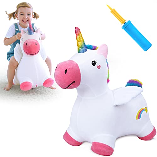iPlay iLearn Bouncy Pals Unicorn Bouncy Horses Toddler Girl Bouncing Animal Hopper Inflatable Plush Hopping Toy Outdoor Indoor Ride on Bouncer Baby First Birthday Gift 18 Month 2 3 4 Year Old Kid 0 belly baby and beyond