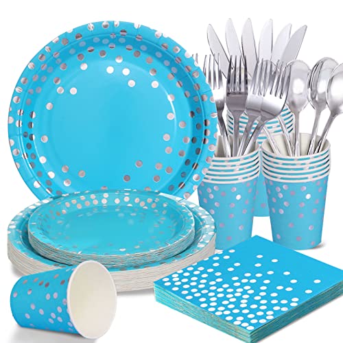 joy akkess Blue Plates and Napkins Party Supplies Light Blue Paper Plates Party Dinnerware Serve 25 Guests Blue and Silver Party Plates for Holiday Wedding Birthday Decorations 0 belly baby and beyond