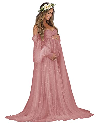 yinyyinhs Womens Pearl Tulle Maternity Dress for Photoshoot Long Puffy Sleeve Off Shoulder Maternity Gown for BabyShower 0 belly baby and beyond
