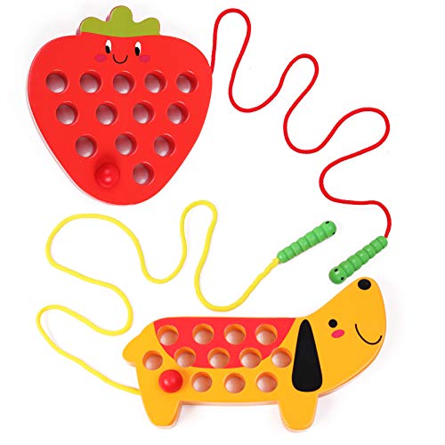 GEMEM Wooden Lacing Threading Toys Fine Motor Skill Toys for 3 Year Old Educational and Learning Montessori Toddler Travel Toy 1 Strawberry and 1 Dog 0 belly baby and beyond