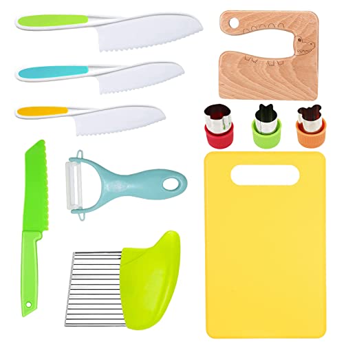 11 Pieces Wooden Kids Kitchen Knife Kids Knife Set Include Wood Kids Knife Serrated Edges Plastic Toddler Knife Crinkle Cutter Sandwich Cutter Y Peeler Cutting Board 0 belly baby and beyond