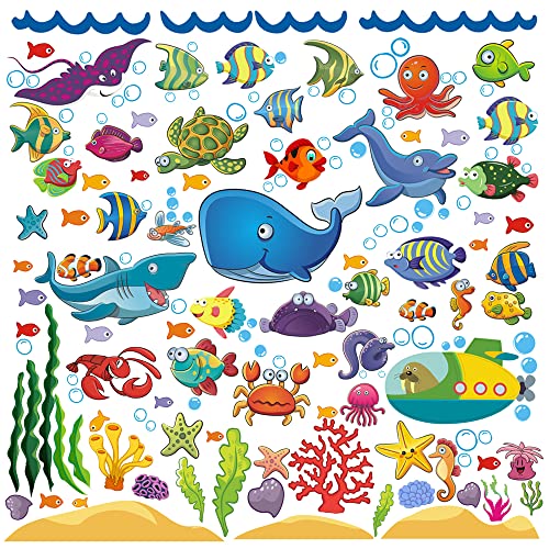 122 Pcs Under The Sea Fish Wall Decals for Kids and Toddlers Bathroom and Nursery Easy Peel and Stick Stickers with Turtles Dophins Corals and More Removable Ocean Themed Decor 0 belly baby and beyond