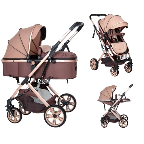 2 in 1 Convertible Baby Stroller Newborn Reversible Bassinet Pram Foldable Pushchair with Adjustable Canopy Folding High Landscape Infant Carriage Anti Shock Toddler Pushchair 0 belly baby and beyond