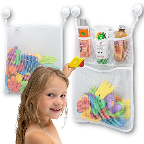 2 x Mesh Bath Toy Organizer 8 Ultra Strong Hooks The Perfect Bathtub Toy Holder Bathroom or Shower Caddy These Multi use Net Bags Make Baby Bath Toy Storage Easy For Kids Toddlers 0 belly baby and beyond