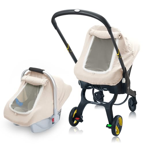 3 Layer Muslin Baby Car Seat Cover Infant Car Seat Cover with Mesh Peep Window Breathable Carseat Cover Canopy Windproof Carrier Cover with Privacy Sun Shade Baby Stroller Weather Shields 0 belly baby and beyond