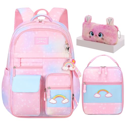 3Pcs Kids Backpack For GirlsCute Rainbow Student School Backpack With Lunch Bag Pen Bag Set Pink Large 175in 0 belly baby and beyond