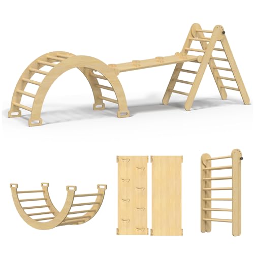 5 in 1 Large Pikler Triangle Set Montessori Foldable Indoor Jungle Gym Climbing Toys for Toddlers 1 3 Birch Indoor Playground Playset for Playroom Childrens Room 0 belly baby and beyond