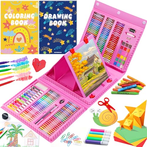 All in One Art Supplies with Trifold Easel Art Set with Drawing Kit Coloring Book Paper Cutting and Origami Kit Arts and Crafts for Kids Gifts for Girls Boys Teens Beginners Pink 0 belly baby and beyond