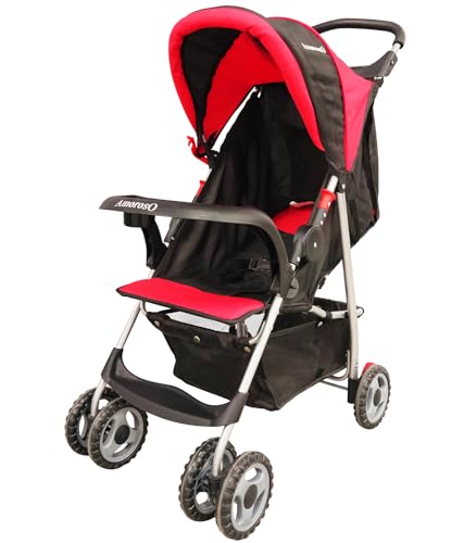 AmorosO Single Stroller Baby Stroller with Four Wheels Lightweight Stroller Convertible Stroller with Extra Storage Space Foldable Stroller with Sun Protection Hood Cover Red 0 belly baby and beyond