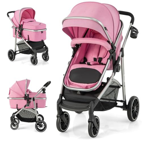BABY JOY 2 in 1 Convertible Baby Stroller High Landscape wReversible Seat Removable Footmuff Adjustable Backrest Canopy Foldable Infant Pram Stroller for 0 36 Months Babies Pink 0 belly baby and beyond