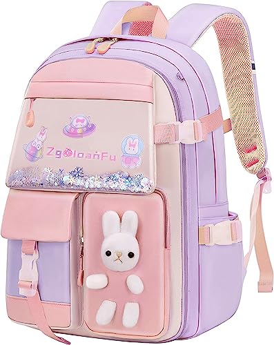 Backpack for Girls 16 Inch Girls bunny Backpack Kids Elementary School Bags Child Bookbags Light Purple Backpack Kindergarten Preschool Elementary 0 belly baby and beyond