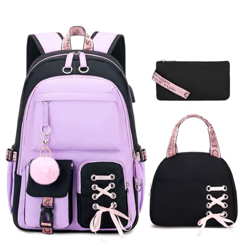 Backpacks for Girls Girls Backpack with Lunch Box and Pencil Case for Teen Kids Elementary Middle High School College Student Children School Backpack Bookbag with USB Charging Port Purple 0 belly baby and beyond