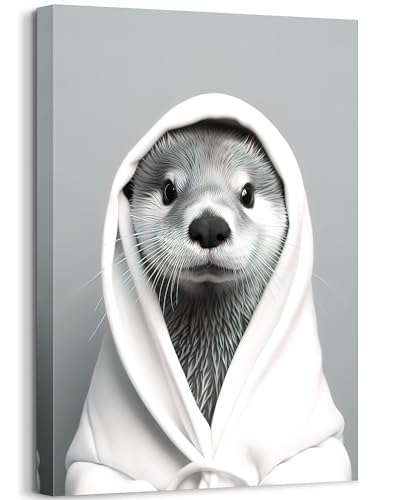 Bathroom Canvas Wall Art Cute Otters Wearing a Bathrobe Picture Poster Funny Kids Bathroom Wall Decor Black and White Animal Bathroom ArtworkFramed 0 belly baby and beyond