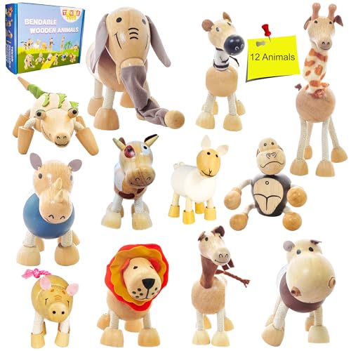 Bendable Wooden Animal Toys Set of 12 Fun Posable Farm Jungle Safari Animals for Toddlers Preschool Montessori Toy Smooth Natural Wood Animals for Girls Boys 0 belly baby and beyond