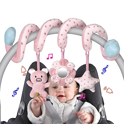 Car Seat Toys Infant Baby Pink Pig Spiral Activity Hanging Toys Stroller Toys for Car Seat Stroller Bar Crib Bassinet Mobile with Mirror BB Squeaker and Rattles 0 belly baby and beyond