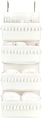Dahey Over The Door Organizer Boho Nursery Storage Decor Closet Hanging Organizer with Tassels Decoration for Bedroom Nursery Bathroom Apartments Dorm Pantry 4 Pockets White 0 belly baby and beyond