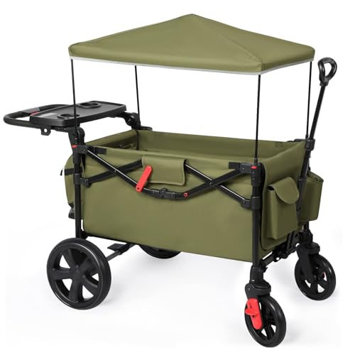EVER ADVANCED Foldable Wagons for Two Kids Cargo Collapsible Folding Wagon Stroller with Adjustable Handle BarRemovable Canopy with 5 Point HarnessGreen 0 belly baby and beyond