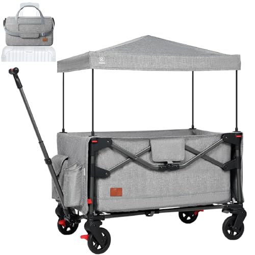 EVER ADVANCED Foldable into Bag Travel Wagon Stroller for 2 Kids Cargo Collapsible Toddler Wagon with Removable Canopy Adjustable 5 Point Harness Lightweight Carry on Stroller for Airplane Gray 0 belly baby and beyond