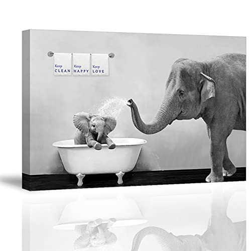Elephant Bathroom Decor Wall Art Funny Canvas Prints of Mother and Child Playing Water in Bath Crock Warm Bathtub Picture with Keep Clean Keep Happy Keep Love Words Motivating Kids 0 belly baby and beyond