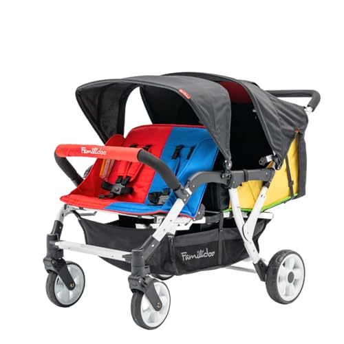 Familidoo H4E Quad Stroller with Double Canopy Rain Cover 4 Seat Baby Stroller with all Reclining Seats 4 Seater Stroller with 5 Point Harness for Safe and Secure Travel for 6 months to Toddler 0 belly baby and beyond