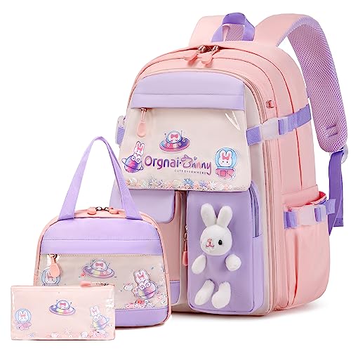 Girls Backpack Set 3PCS Kids Backpack for Girls Kawaii Bunny School Backpacks for Girls Kindergarten Elementary Preschool Middle School Bags with Lunch Box Pencil Case Pink 0 belly baby and beyond