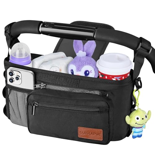 Guiseapue Universal Stroller Organizer with Cup Holder Detachable Phone Bag and Shoulder Strap Stroller Caddy Fits for Stroller Accessories like Uppababy Baby Jogger Doona Nuna Stroller 0 belly baby and beyond